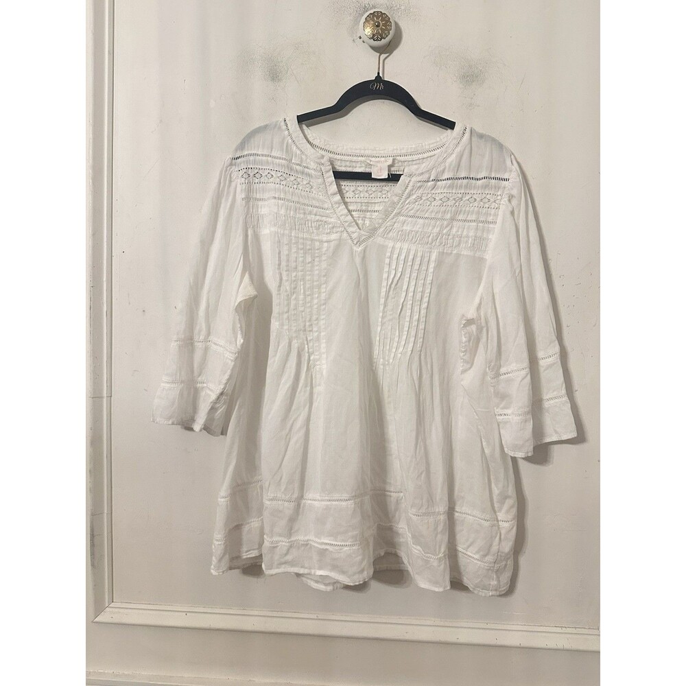 SHABBY CHIC Top 1X Crochet Lace Trim Balloon Sleeve Slub Jersey 100%Cotton White